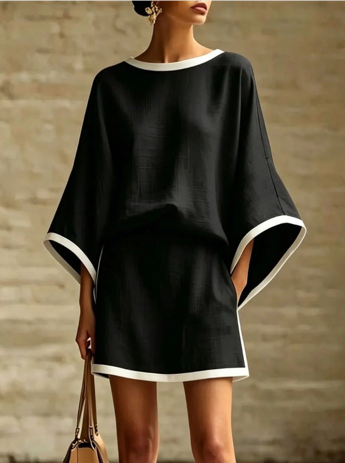 Conjunto de dos piezas para mujer con mangas murciélago y manga corta.