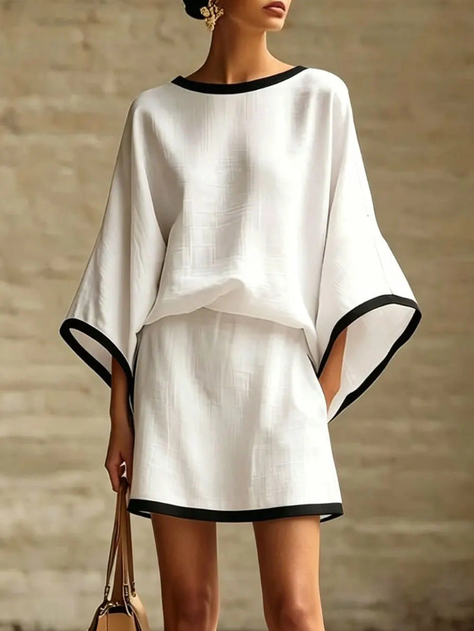 Conjunto de dos piezas para mujer con mangas murciélago y manga corta.