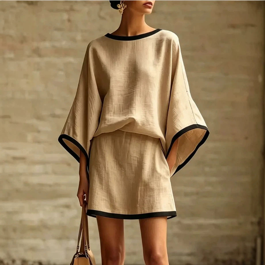 Conjunto de dos piezas para mujer con mangas murciélago y manga corta.