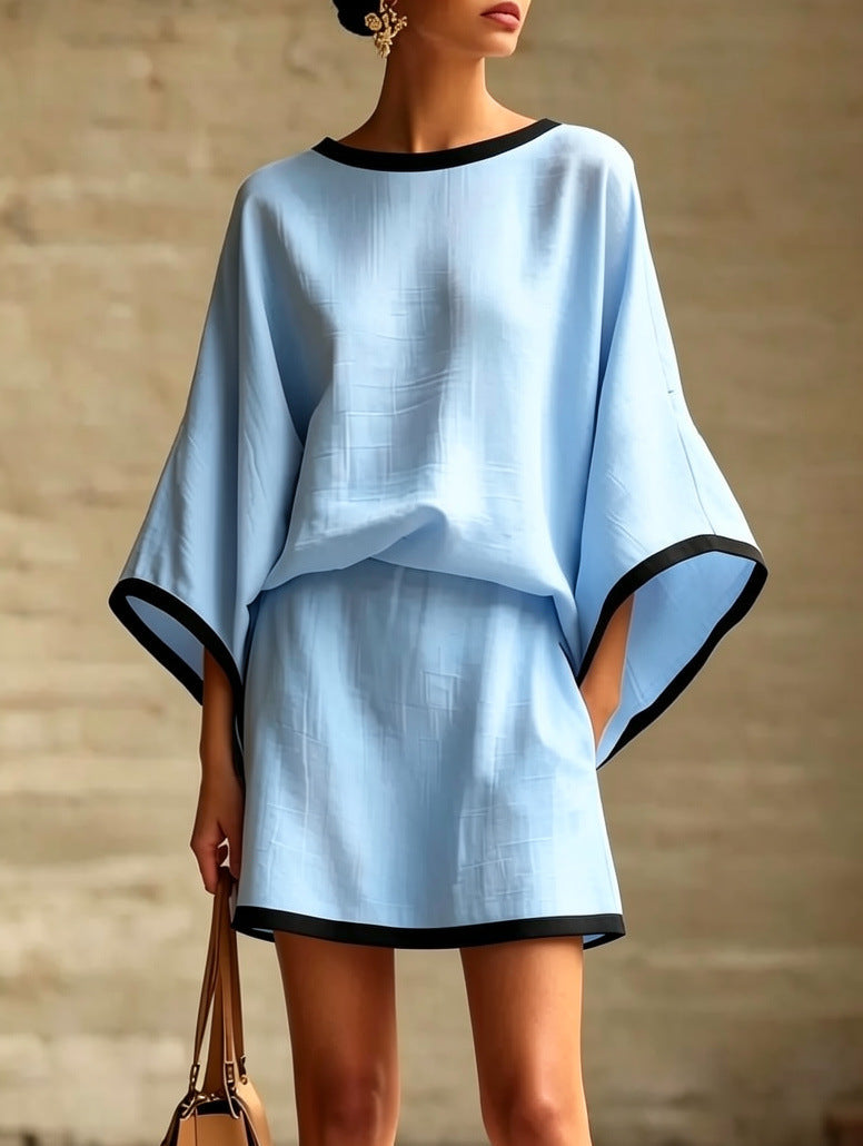 Conjunto de dos piezas para mujer con mangas murciélago y manga corta.